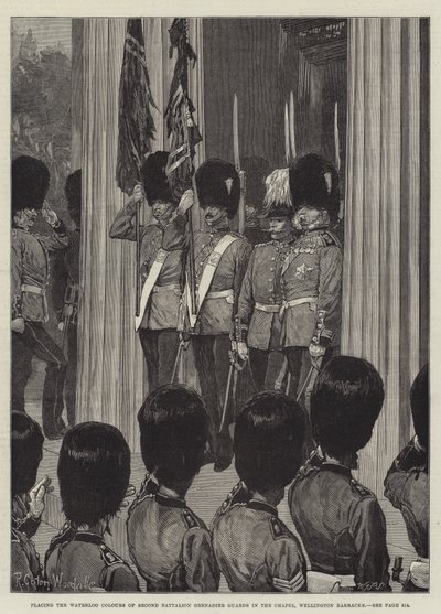 Placer les couleurs de Waterloo du deuxième bataillon des gardes grenadiers dans la chapelle, Wellington Barracks - Richard Caton Woodville junior